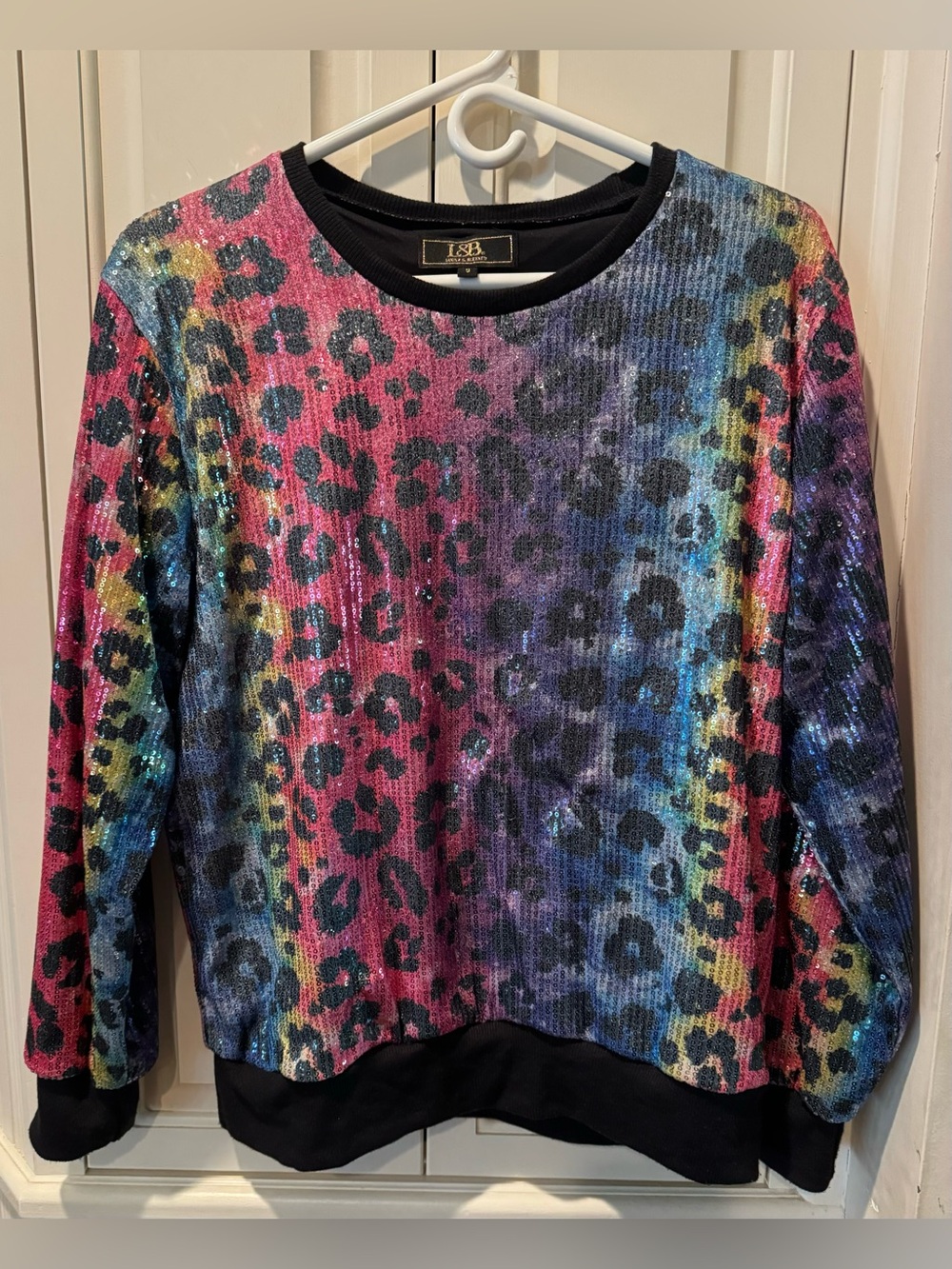 Women’s Sequined Rainbow Cheetah Print Top by L&B - Size Small